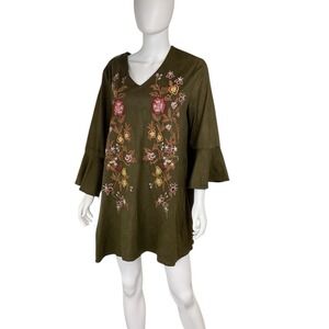 Umgee Boho‎ Dark Green Floral Embroidered Faux Suede Ruffle Sleeve Tunic Dress L